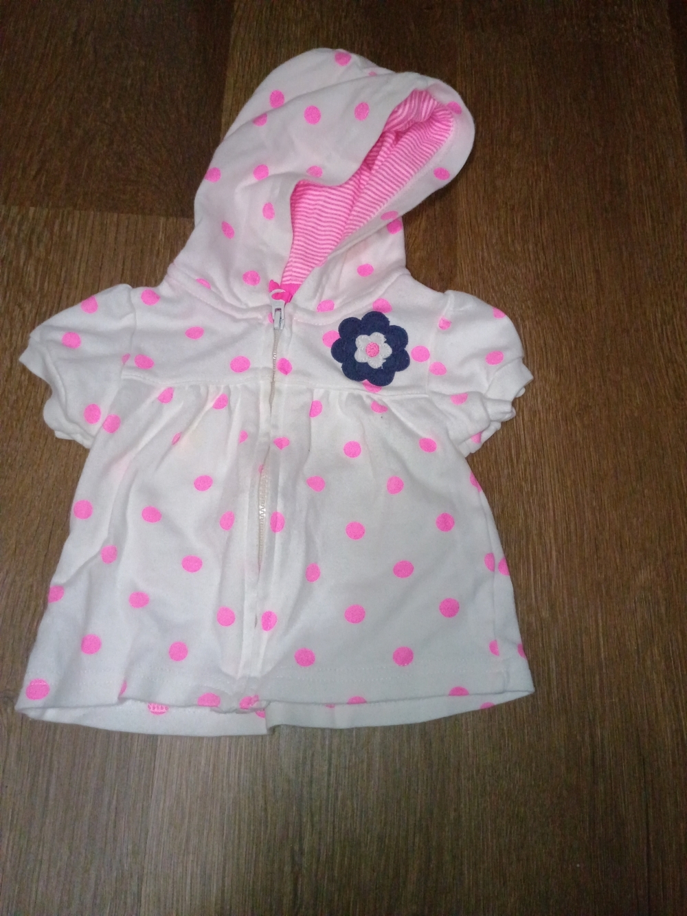 White Short Sleeve Zip Up with Hot Pink Polka Dots and Navy Flower